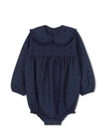 Velvette Label Blue Pinstripe Bow Romper (EF354)