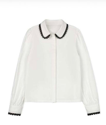 Velvette Label White With Black Scallop Trim Blouse (EF368)