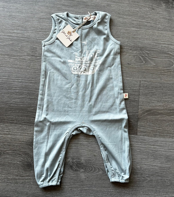 Phil and Phoebe Light Blue Tugboat Sketch Romper