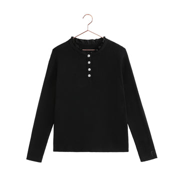 Retro Kid Isla Knit Jewel Button Sweater with Ruffle Neck - Black