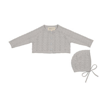 Mema Knits Pointelle Knit Crop Cardigan + Bonnet - Gray Dawn