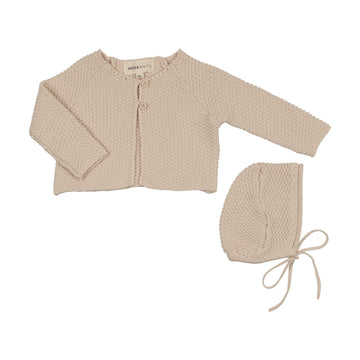 Mema Knits - Waffle Knit Cardigan + Bonnet - Sand