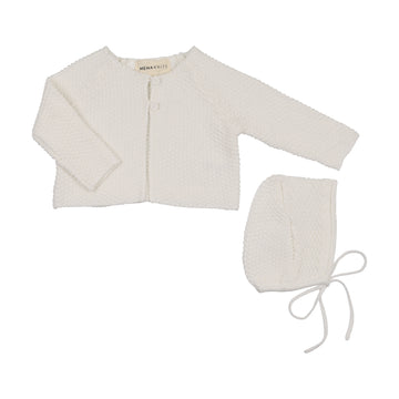 Mema Knits - Waffle Knit Cardigan + Bonnet - Winter White