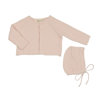 Mema Knits - Waffle Knit Cardigan + Bonnet - Baby Blush