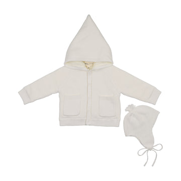 Mema Knits - Hooded Knit Sherpa Lined Sweater + Bonnet - Winter White
