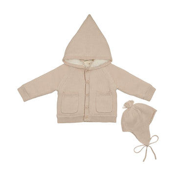 Mema Knits - Hooded Knit Sherpa Lined Sweater + Bonnet - Sand