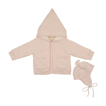 Mema Knits - Hooded Knit Sherpa Lined Sweater + Bonnet - Baby Blush