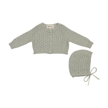 Mema Knits Pointelle Knit Cardigan + Bonnet - Mint