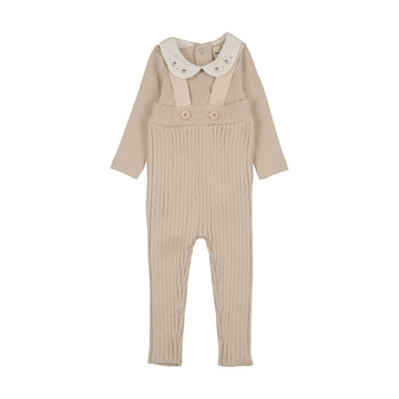 Mema Knits - Knit Overall + Embroidered Collar Onesie Set - Sand