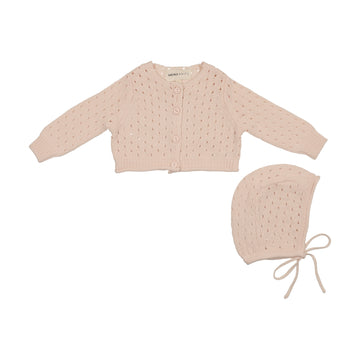 Mema Knits Pointelle Knit Cardigan + Bonnet - Light Pink