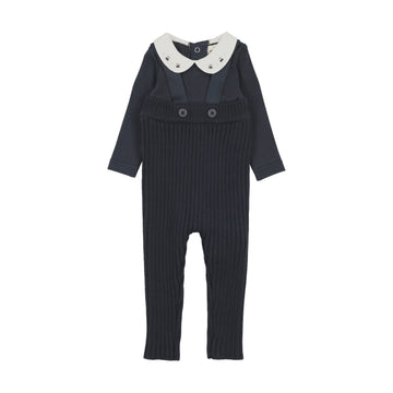 Mema Knits - Knit Overall + Embroidered Collar Onesie Set - Navy