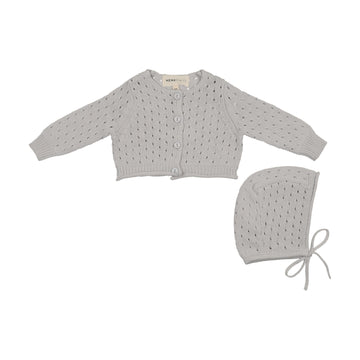 Mema Knits Pointelle Knit Cardigan + Bonnet - Gray Dawn