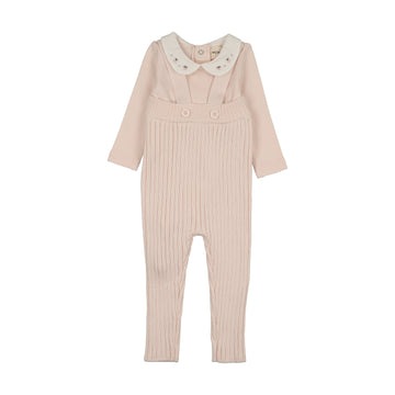Mema Knits - Knit Overall + Embroidered Collar Onesie Set - Baby Blush