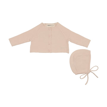Mema Knits Flat Knit Cardigan + Bonnet - Light Pink