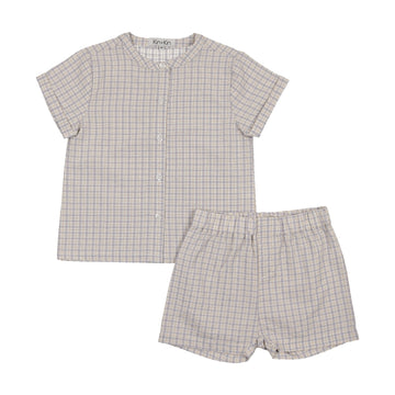 Kin + Kin Sky blue / white plaid Boys round neck shirt + shorts (K250)