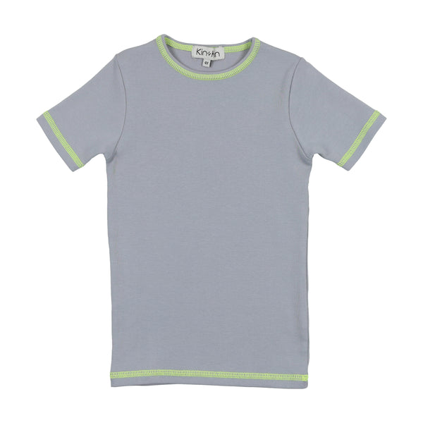 Kin + Kin Powder Blue & Neon Green Thread Jersey Short Sleeve T-Shirt