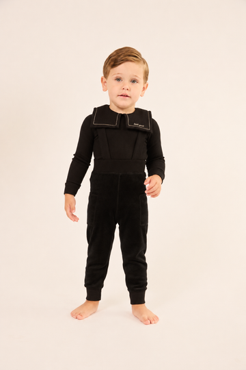 Little Parni Embroidered Collar Velour Overall Set - Black [K726]