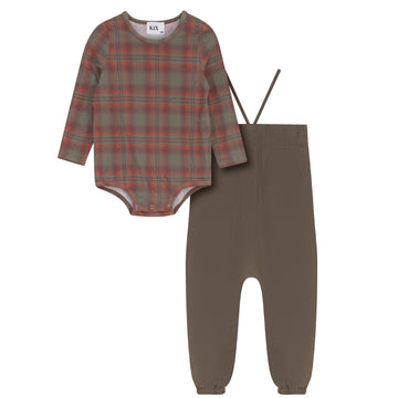 Kix Olive Denim Romper With Plaid Onsie