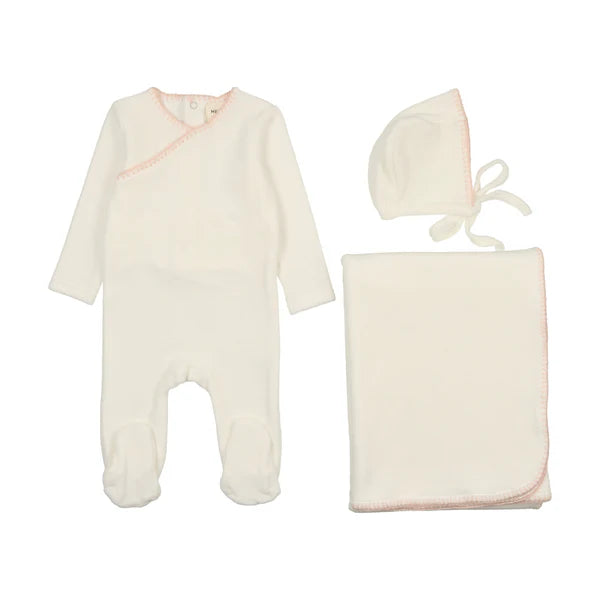 Mema Knits Cream/Pink Tint Velour Embroidered Three Piece