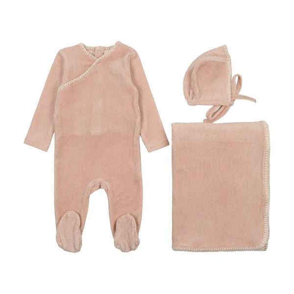 Mema Knits Pale Pink Velour Embroidered Three Piece