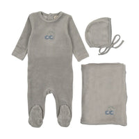 Mema Knits Misty Blue / Blue Cherry Velour Embroidered Footie+Bonnet 3PC (M449-3PC)
