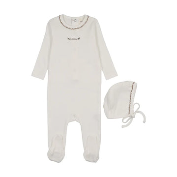 Mema Knits Floral Embroidery Footie + Bonnet - White - Blue Embroidery