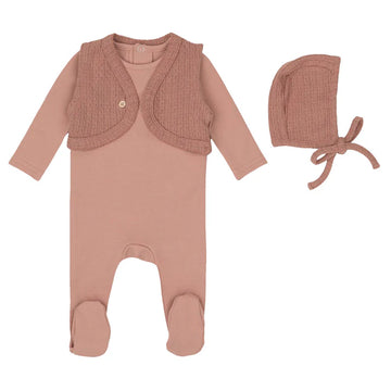 Mini Label Pink Knit Vest Footie and Bonnet