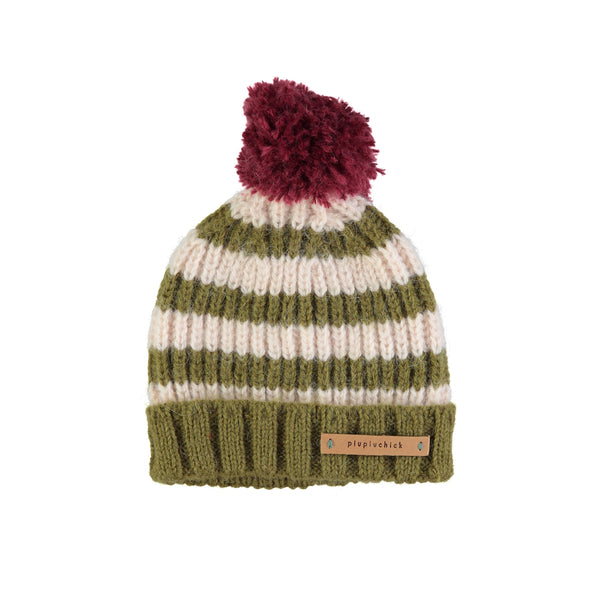 Piupiuchick Green & Ecru Stripes Knitted Hat W/ Pompon