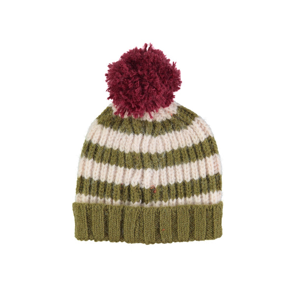 Piupiuchick Green & Ecru Stripes Knitted Hat W/ Pompon