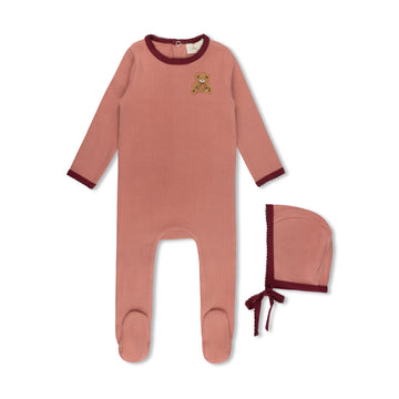 L'Amour Lou Dusty Pink Pointelle Bear Patch Footie
