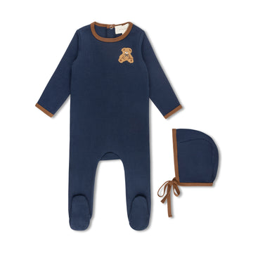 L'Amour Lou Navy Pointelle Bear Patch Footie
