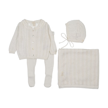 Lilette by Lil Legs Winter White Knit Crochet Bris Set + Blanket