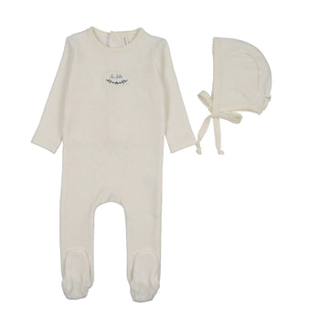 Lilette by Lil Legs Cream/Blue Velour Patch Footies Set