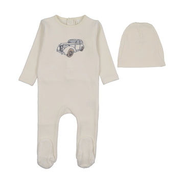 Lilette by Lil Legs Cream/Blue Stitched Graphic Velour Footie Set