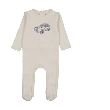 Lilette by Lil Legs Cream/Blue Stitched Graphic Velour Footie