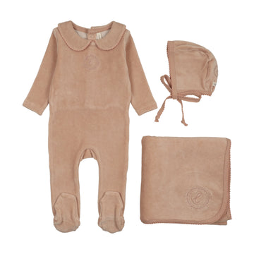Lilette by Lil Legs Dusty Pink Velour Crest Emblem Layette Set