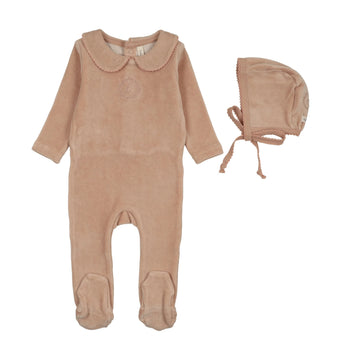 Lilette by Lil Legs Dusty Pink Velour Crest Emblem Footie Set