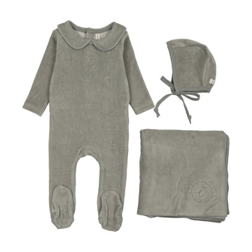 Lilette by Lil Legs Light Blue Velour Crest Emblem Layette Set