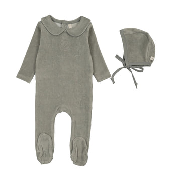 Lilette by Lil Legs Light Blue Velour Crest Emblem Footie Set