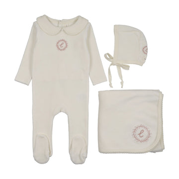 Lilette by Lil Legs Cream/Pink Velour Crest Emblem Layette Set
