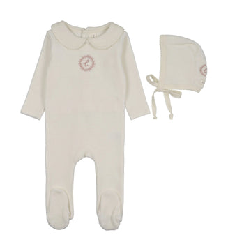 Lilette by Lil Legs Cream/Pink Velour Crest Emblem Footie Set