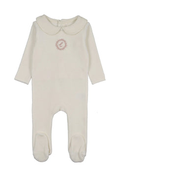 Lilette by Lil Legs Cream/Pink Velour Crest Emblem Footie
