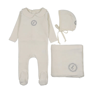 Lilette by Lil Legs Cream/Blue Velour Crest Emblem Layette Set