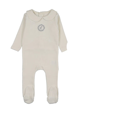 Lilette by Lil Legs Cream/Blue Velour Crest Emblem Footie