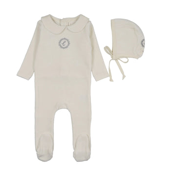 Lilette by Lil Legs Cream/Blue Velour Crest Emblem Footie Set