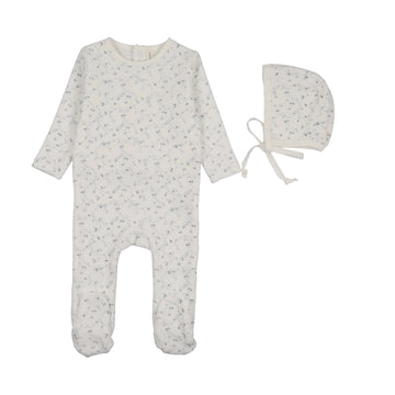 Lilette by Lil Legs Cream/Blue Branch Velour Footie Set