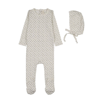 Lilette by Lil Legs Cream/Blue Cotton Cherry Blossom Footie Set