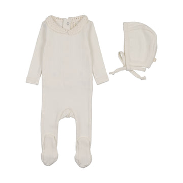 Lilette by Lil Legs Cream/Blue Knit Crochet Collar Footie Set