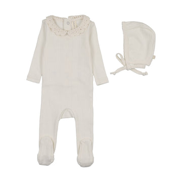 Lilette by Lil Legs Cream/Pink Knit Crochet Collar Footie Set