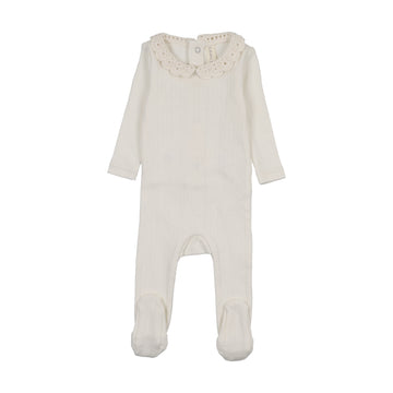 Lilette by Lil Legs Cream/Pink Knit Crochet Collar Footie